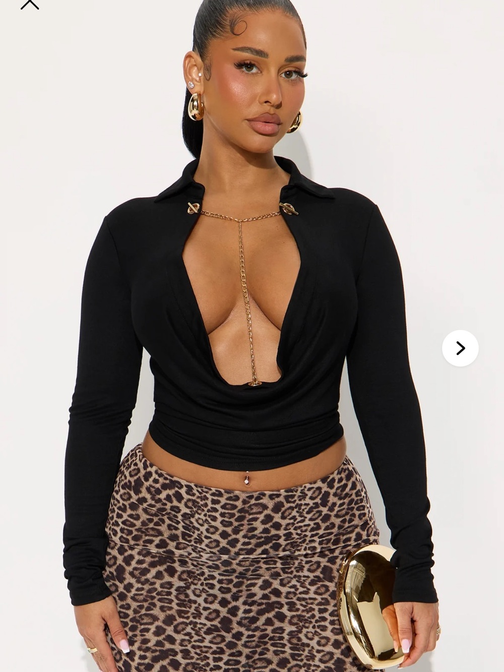 Fashion Nova - Séance Long Sleeve Cowl Neck Top - Black Plunge Shirt with Chain